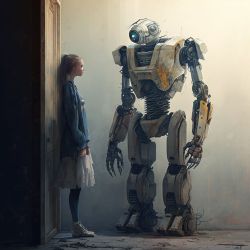 Mädchen steht in engem Raum einem großen Roboter gegenüber.