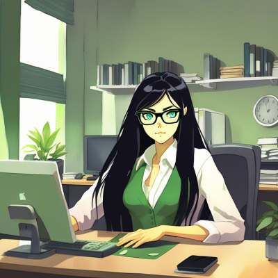 Frau mit Brille am Schreibtisch, arbeitet am Computer.