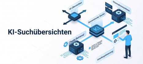 Mann der am Laptop sitzt und Google Suchergebnisse mit KI Ergebnissen angezeigt bekommt