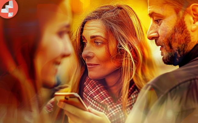 Drei Personen draußen, eine Frau hält ein Smartphone.