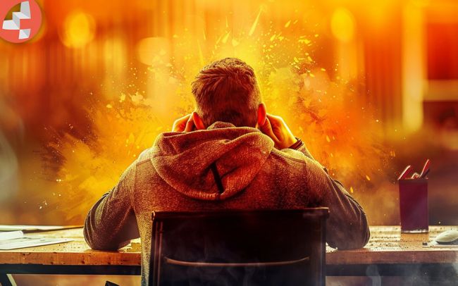 Mann in Hoodie betrachtet farbenfrohes, explodierendes Kunstwerk.