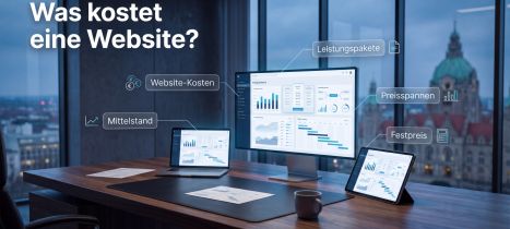 Ein moderner Arbeitsplatz zeigt Geräte und Grafiken zu Website-Kosten und Preismodellen für Unternehmen.