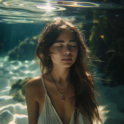 Junge Frau unter Wasser mit geschlossenen Augen.