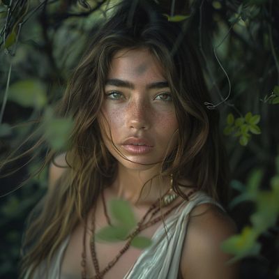 Frau mit Sommersprossen in natürlicher Umgebung.