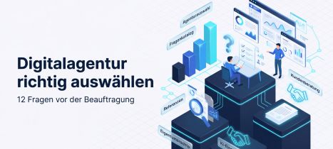 Grafik zur Auswahl einer Digitalagentur mit 12 Fragen vor der Beauftragung und verschiedenen Beratungsaspekten.