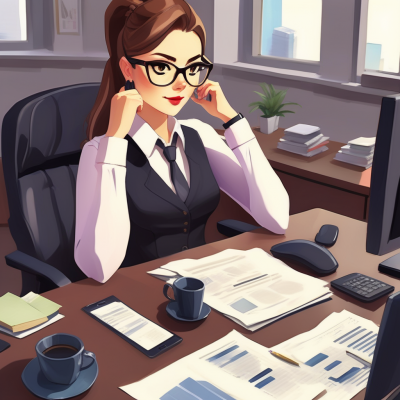 Frau im Büro mit Brille, Akten und Kaffee.