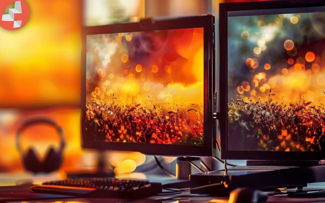 Zwei Monitore mit einer bunten Landschaft und einem Headset im Hintergrund.