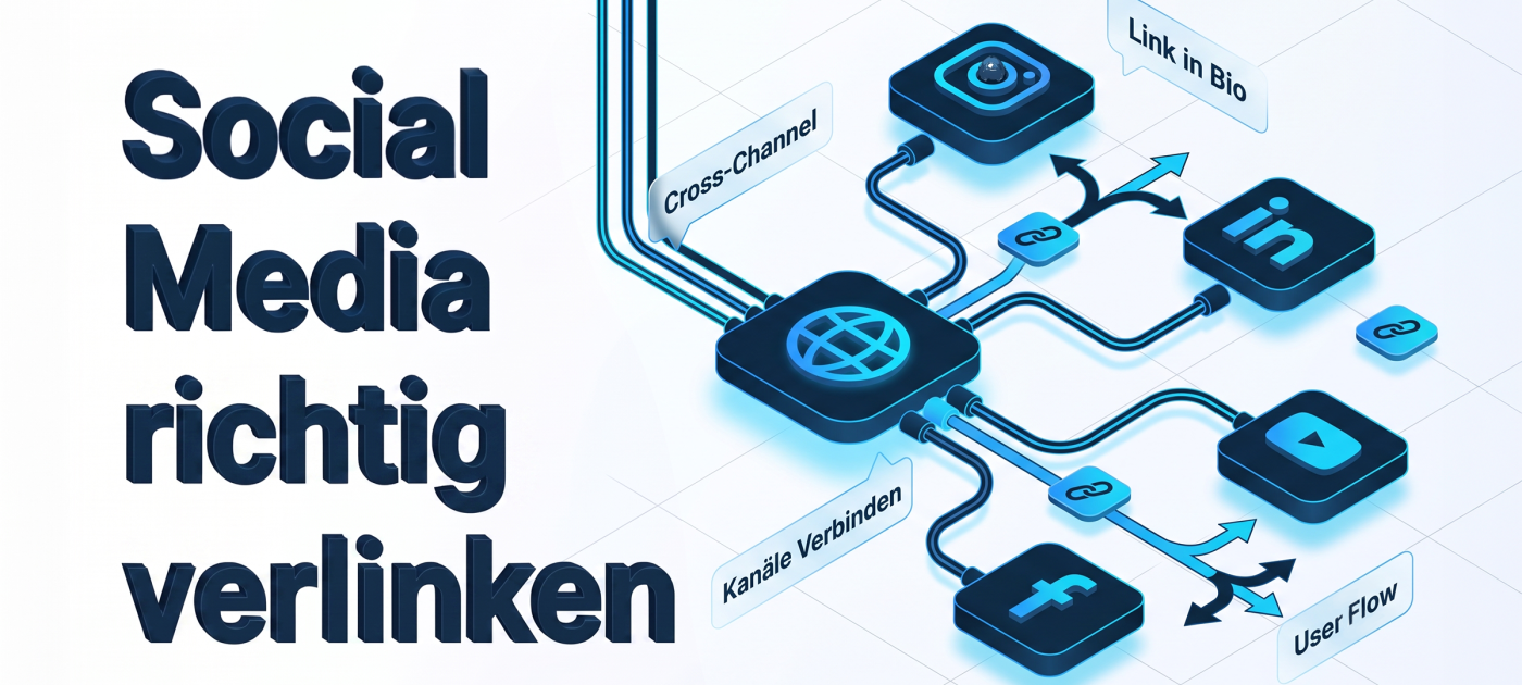 Eine Person arbeitet an einem Computer und verlinkt Social Media effektiv mit strategischen Methoden.