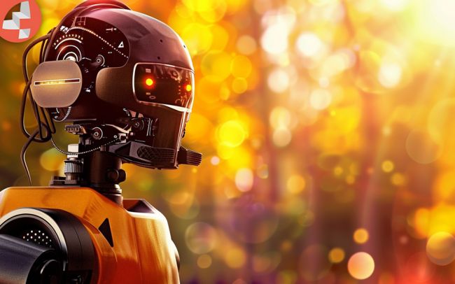 Ein Roboter in einem Wald mit hellem, buntem Hintergrund.