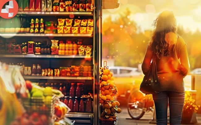 Person vor einem Lebensmittelgeschäft im Sonnenuntergang.