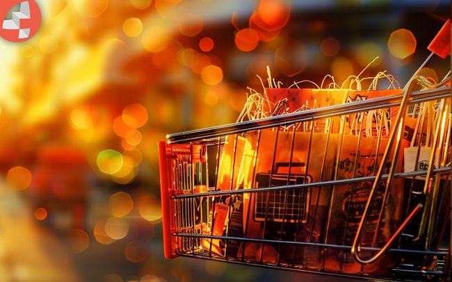 Einkaufswagen mit zirka hellen Papier- und Plastik-Einkaufstüten vor verschwommenem Hintergrund