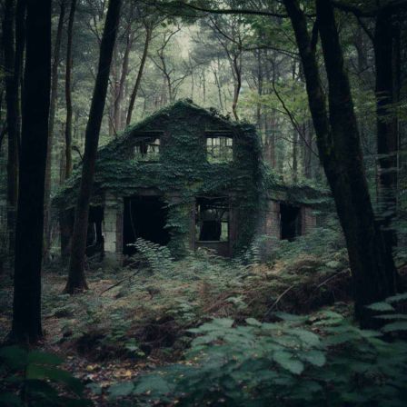 a lost-place in a forest, photorealistic, Shot on 35mm