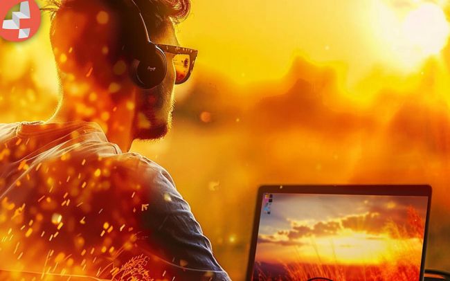 Mann mit Sonnenbrille und Kopfhörern bei Sonnenuntergang vor einem Laptop.