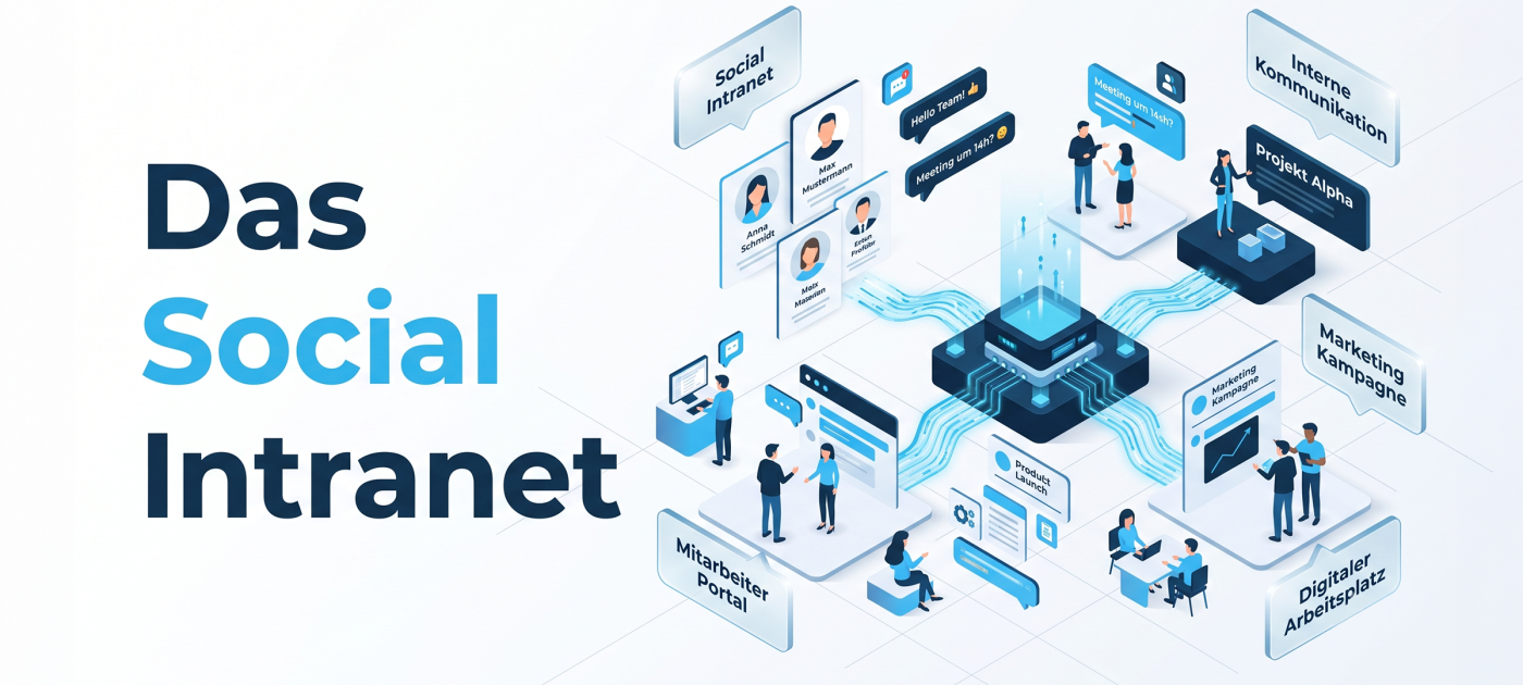 Illustration eines digitalen Social Intranets mit Kommunikationselementen.