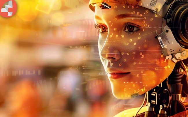 Futuristischer humanoider Roboter mit digitalem Interface im Hintergrund.