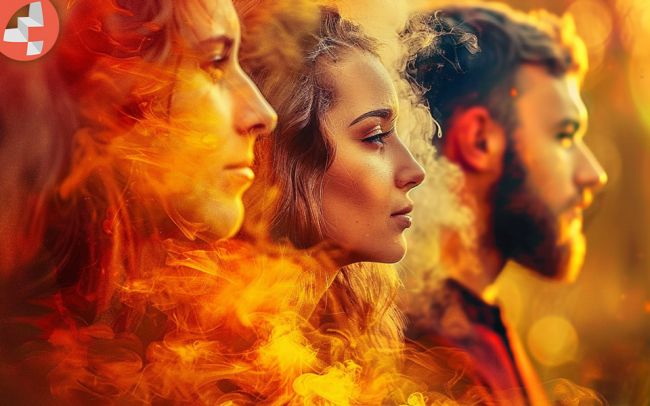 Drei Personen in Flammen und Rauch, Profilansicht