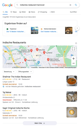 Karte mit indischen Restaurants in Hannover.