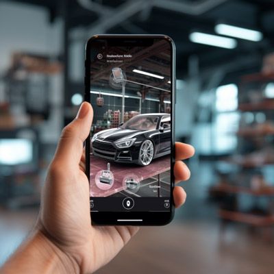 Hand hält Smartphone mit Augmented Reality-Ansicht eines schwarzen Autos in Werkstatt