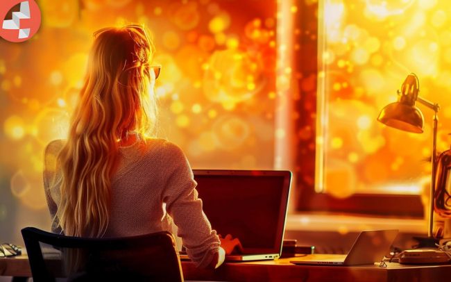 Frau mit langen Haaren arbeitet am Laptop in einem sonnenbeschienenen Büro.