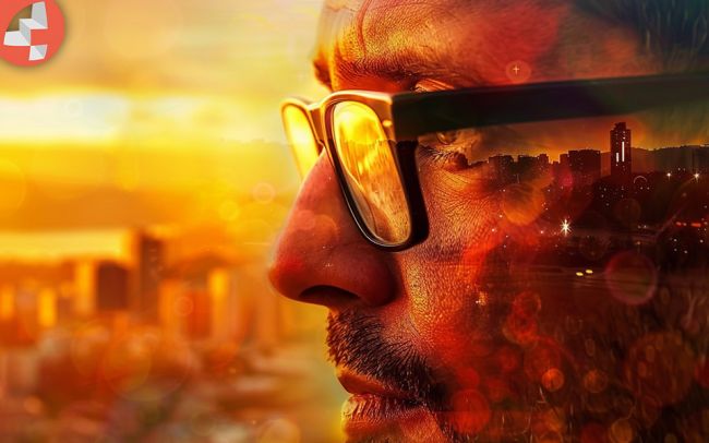 Nahaufnahme eines Gesichts mit reflektierender Brille und Stadtlandschaft im Hintergrund.