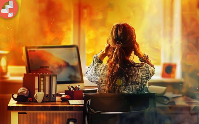 Person am Schreibtisch mit Computermonitor und Ordnern.