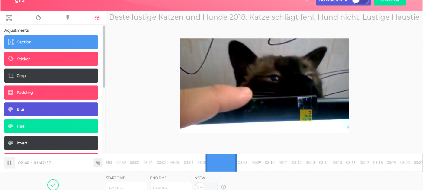 Startzeit + Dauer der Gif-Datei, sowie individuelle Einstellungsmöglichkeiten im linken Bereich