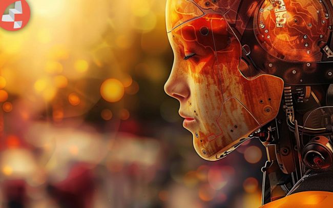 Futuristische Cyborg-Frau mit geschlossenen Augen und leuchtendem Hintergrund.