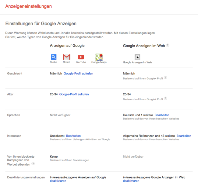 Anzeigeeinstellungen des eigenen Google-Accounts