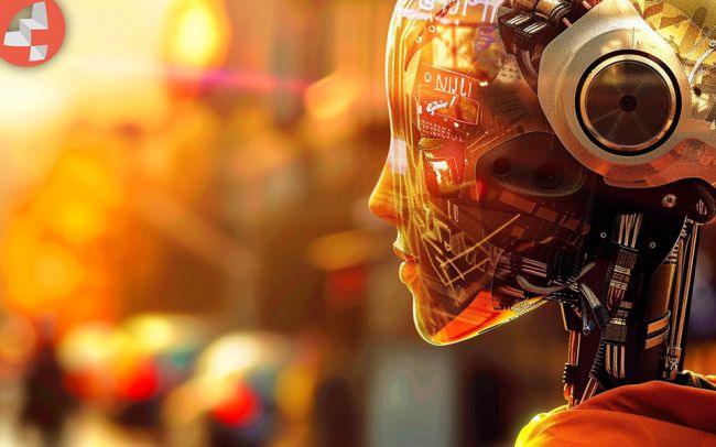 Cyberpunk-Roboterprofil im bunten Stadtbild