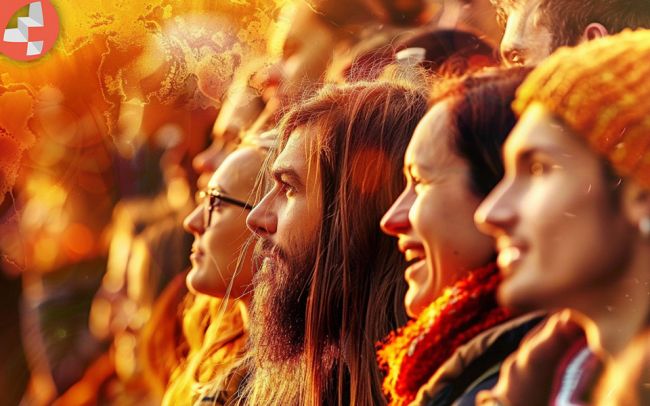 Mehrere Menschen lachen im Sonnenuntergang.