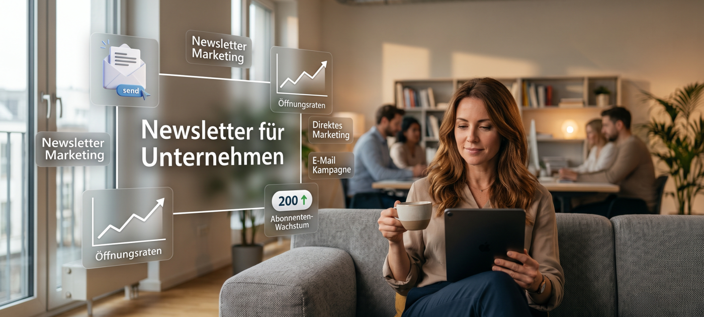 Eine Frau nutzt ein Tablet für Newsletter-Marketing, während eine Besprechung im Hintergrund stattfindet.