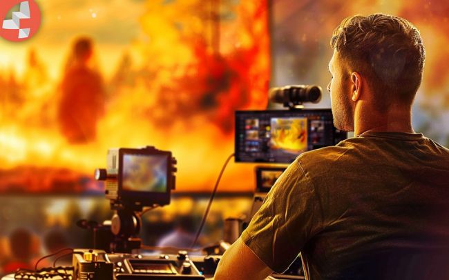 Eine Person arbeitet an einem Filmset mit Monitoren und Kameras.