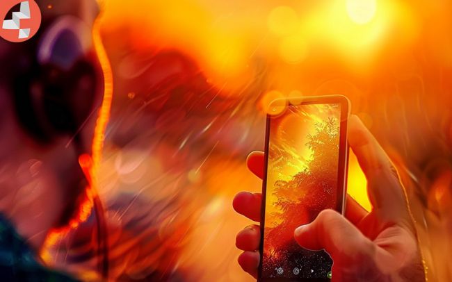 Hand hält ein Smartphone mit Sonnenaufgang, unscharfer Hintergrund.
