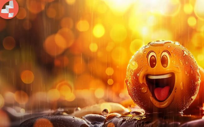 Smiley-Ball im Regen mit warmen Lichteffekten.