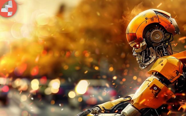 Roboter im Profil mit verschwommenem Hintergrund in herbstlichen Farben.