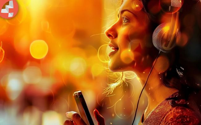 Frau mit Kopfhörern und Smartphone in bunter, leuchtender Umgebung.