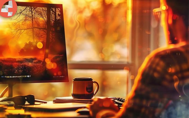 Person arbeitet an einem Computer mit einem Bild von Sonnenuntergang im Hintergrund.