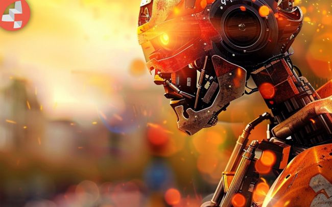 Roboter mit leuchtenden Augen im futuristischen Hintergrund