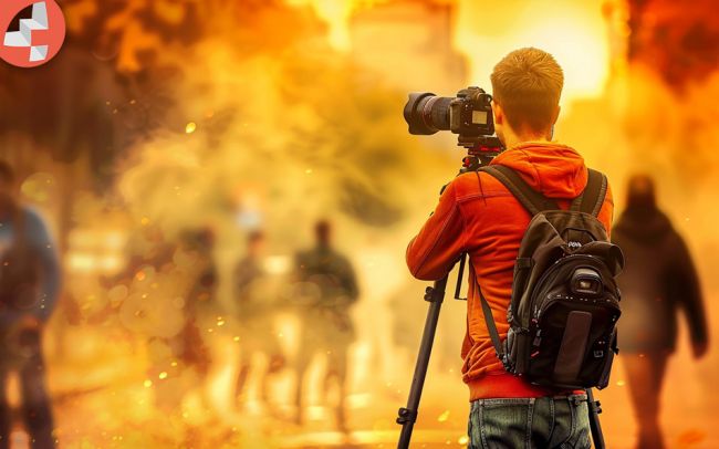 Mann mit Kamera und Rucksack fotografiert bei Sonnenuntergang.