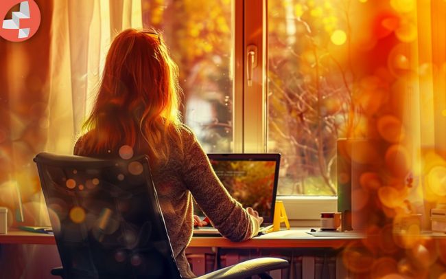Frau arbeitet im Herbstlicht an einem Laptop am Fenster.