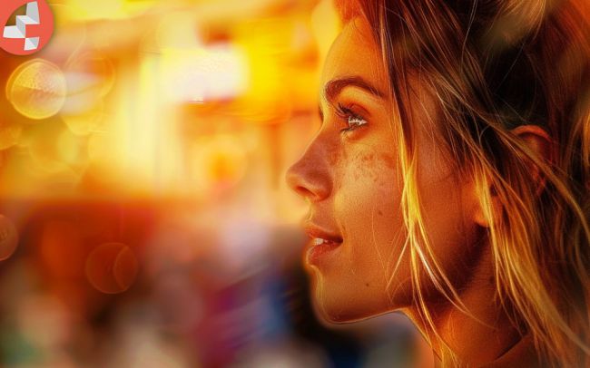 Seitenprofil einer Frau vor einem unscharfen Hintergrund.