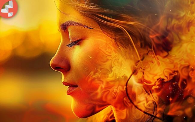 Frau in einem orangefarbenen, abstrakten Hintergrund