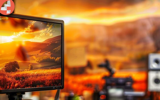 Monitor zeigt Sonnenuntergang über hügeliger Landschaft