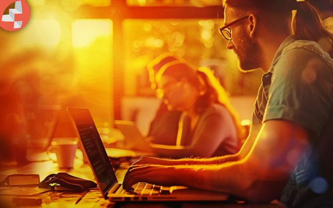 Menschen arbeiten an Laptops im Sonnenuntergangslicht in einem Büro.