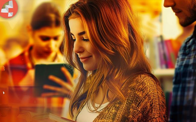 Person in einem Buchladen, die in ein Buch vertieft ist.