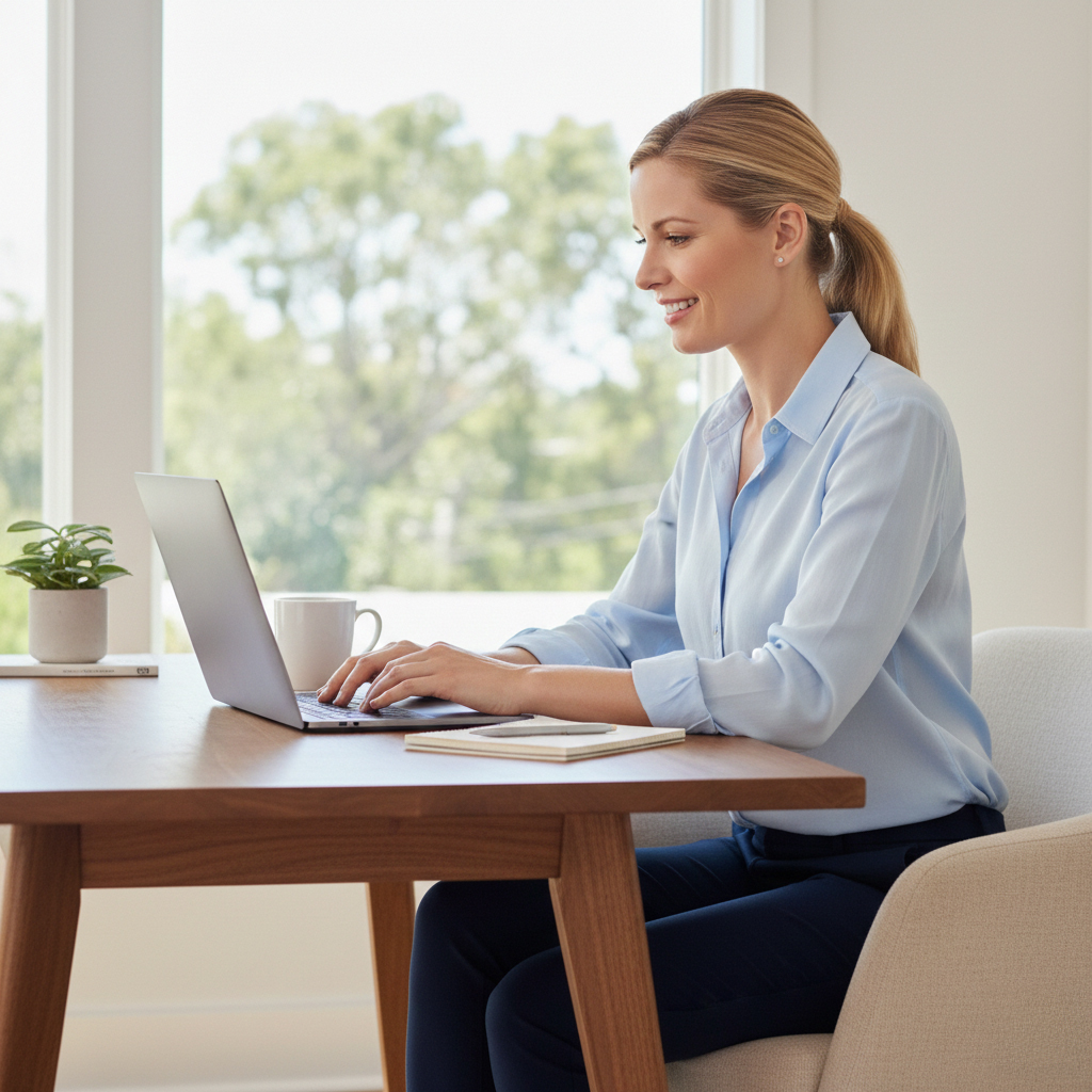 Blonde Frau, die am Laptop arbeitet