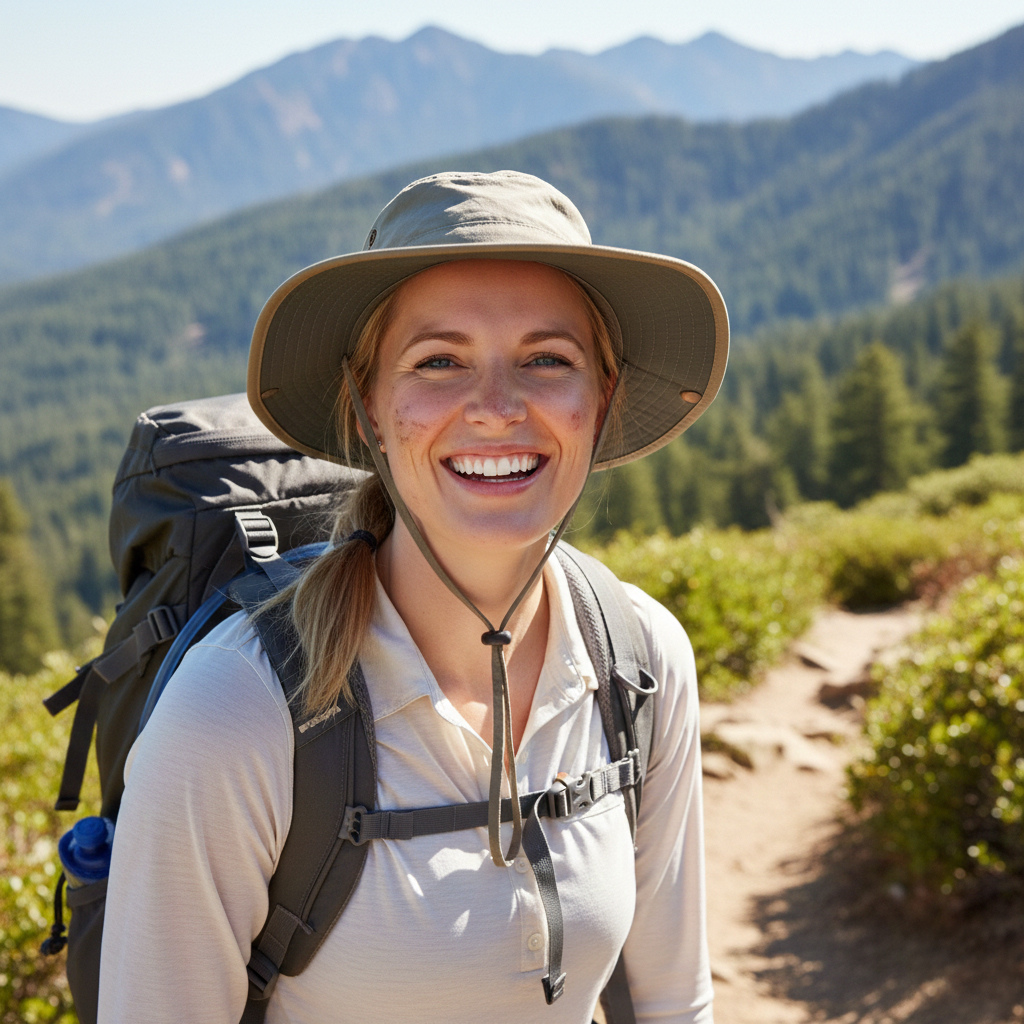 Blonde Frau, die wandert und in die Kamera schaut