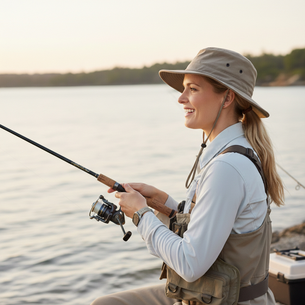 Blonde Frau, die angelt und auf das Meer hinausschaut