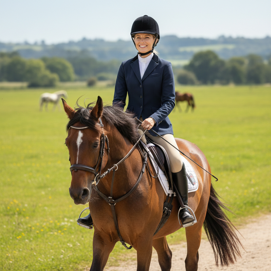 Blonde Frau, die auf einem braunen Pferd reitet