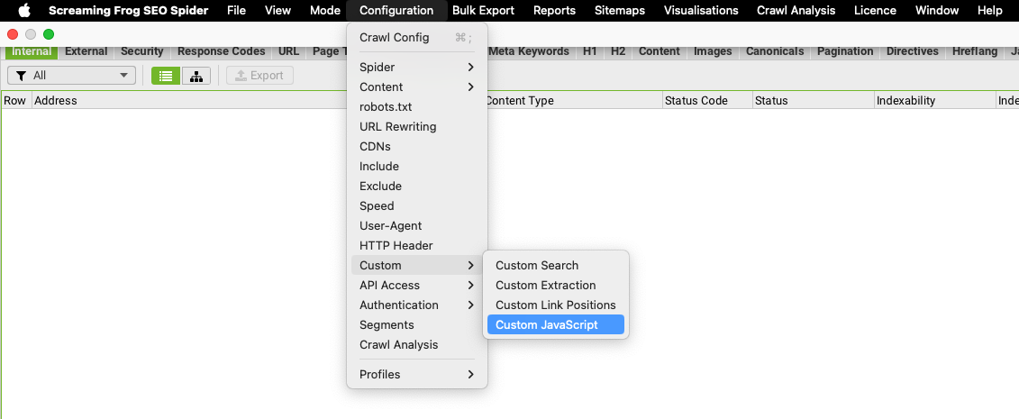 Screenshot aus Screaming Frog: Configuration > Custom JavaScript